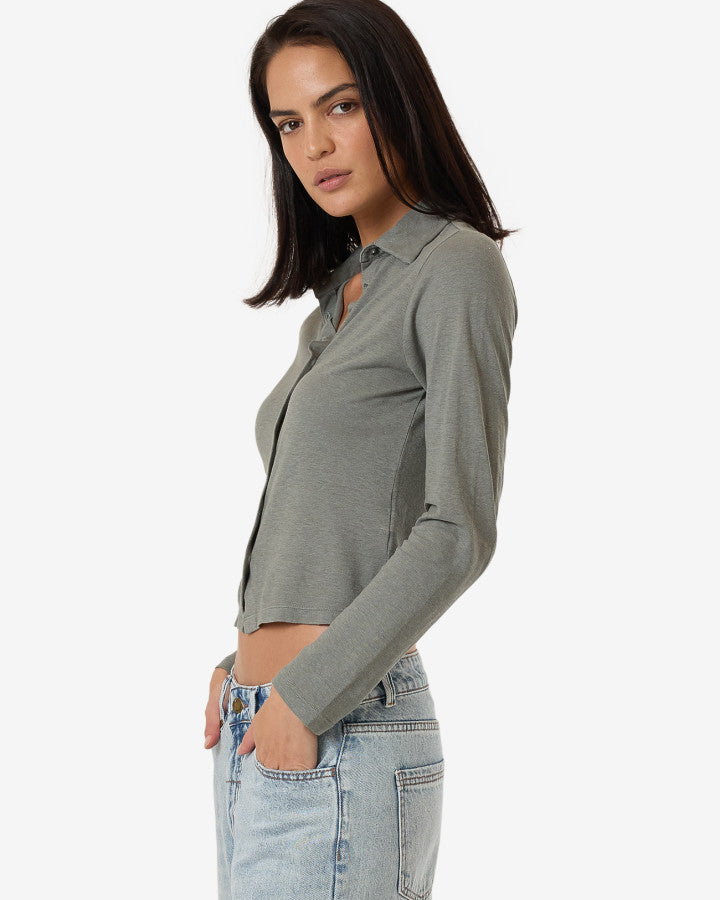 Hemp Collared Long Sleeve - Green Smoke