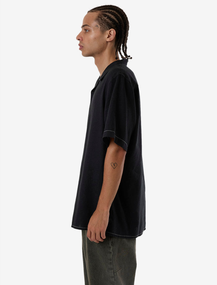 Hemp Minimal Thrills Contrast Stitch Bowling Shirt - Black