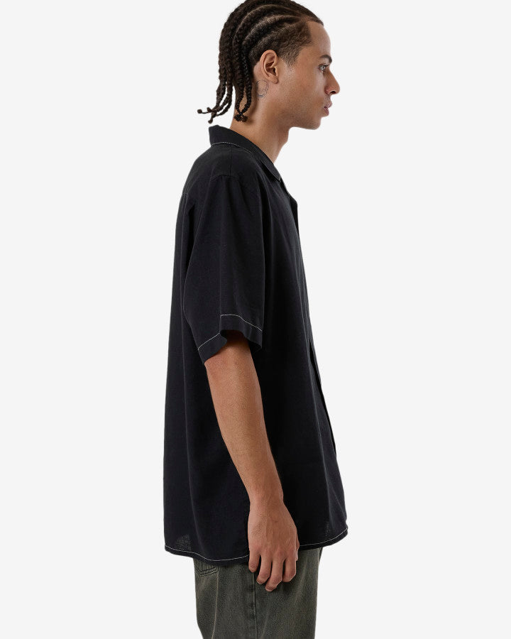 Hemp Minimal Thrills Contrast Stitch Bowling Shirt - Black