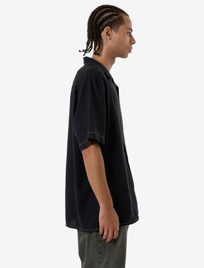 Hemp Minimal Thrills Contrast Stitch Bowling Shirt - Black