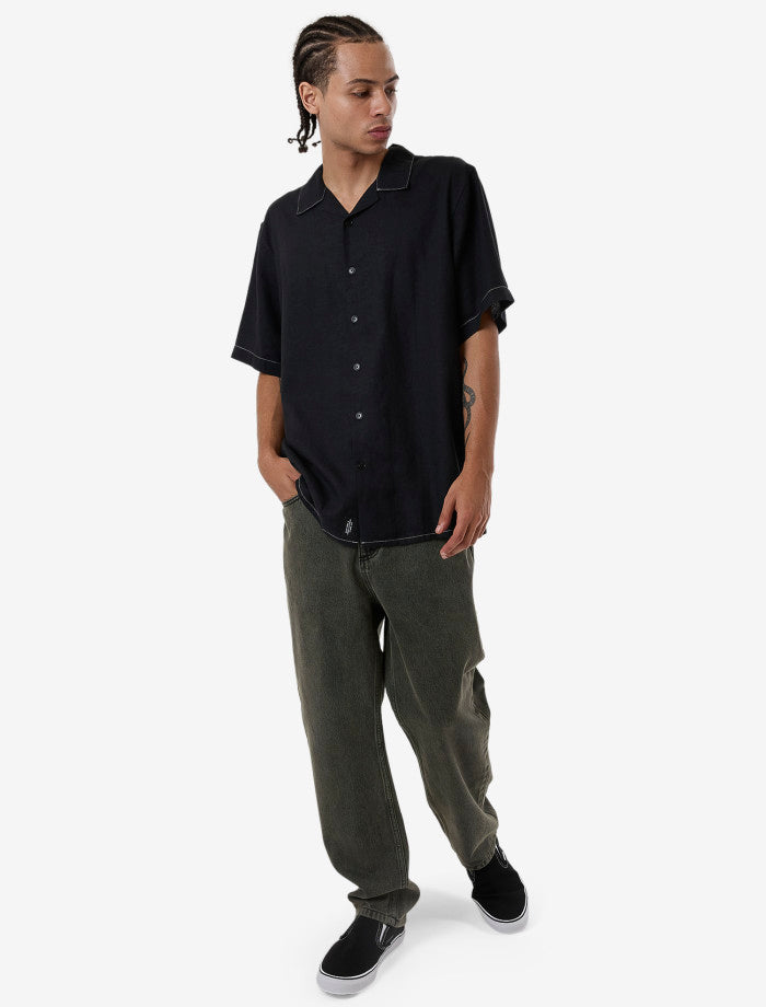 Hemp Minimal Thrills Contrast Stitch Bowling Shirt - Black