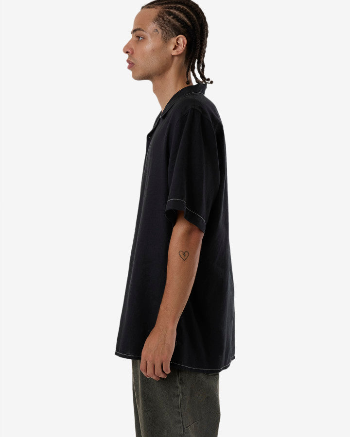 Hemp Minimal Thrills Contrast Stitch Bowling Shirt - Black