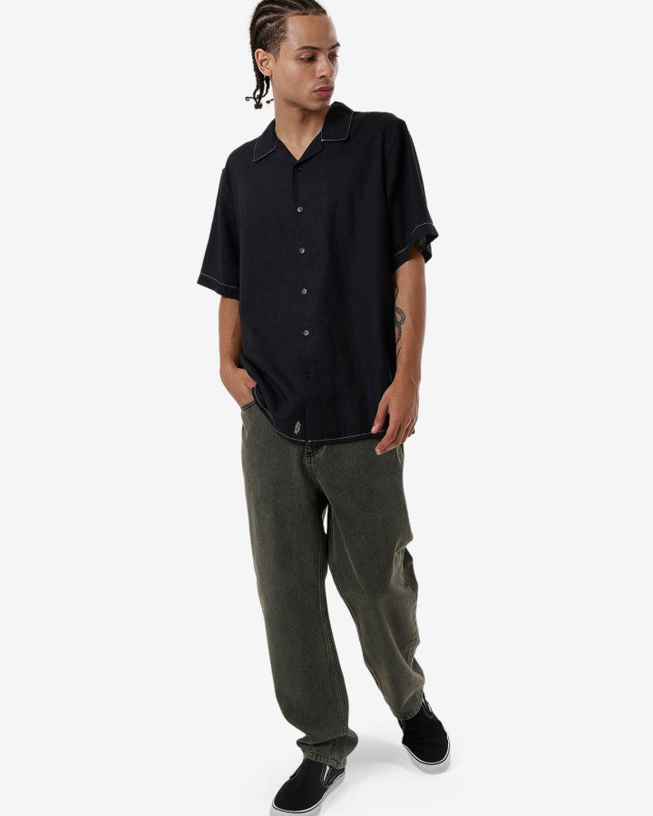 Hemp Minimal Thrills Contrast Stitch Bowling Shirt - Black