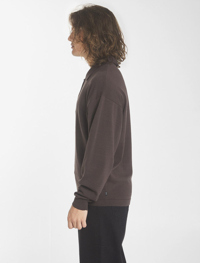 Imperial Jacquard Knit Long Sleeve Polo - Black Coffee