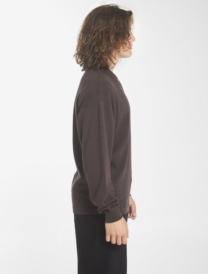 Imperial Jacquard Knit Long Sleeve Polo - Black Coffee