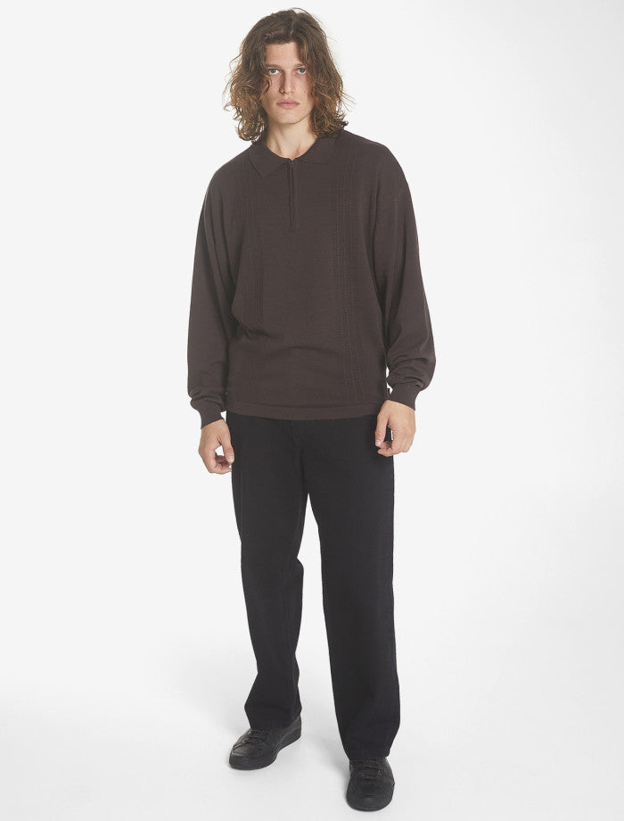 Imperial Jacquard Knit Long Sleeve Polo - Black Coffee