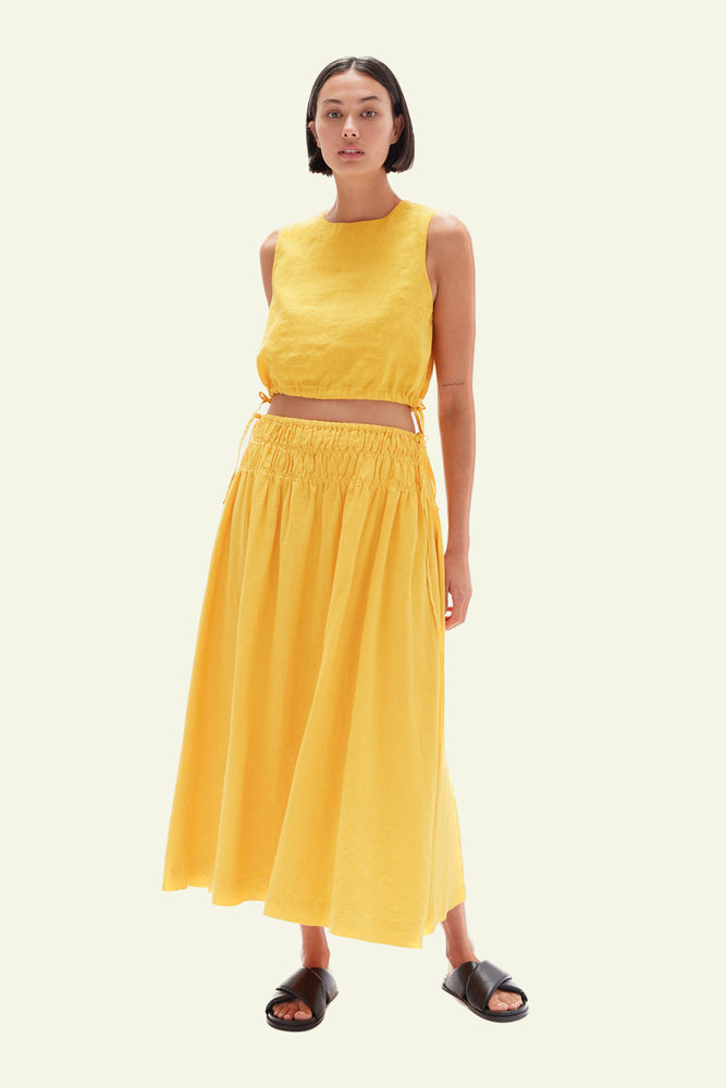 Fleur Rouched Linen Skirt - Marigold