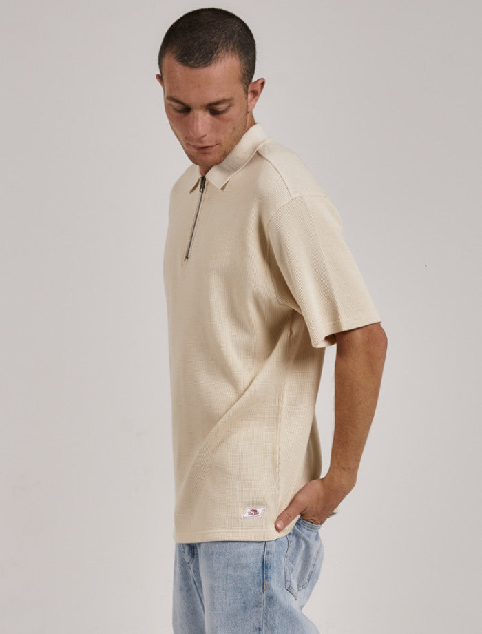 Beholder Waffle Three Quarter Zip Polo- Unbleached