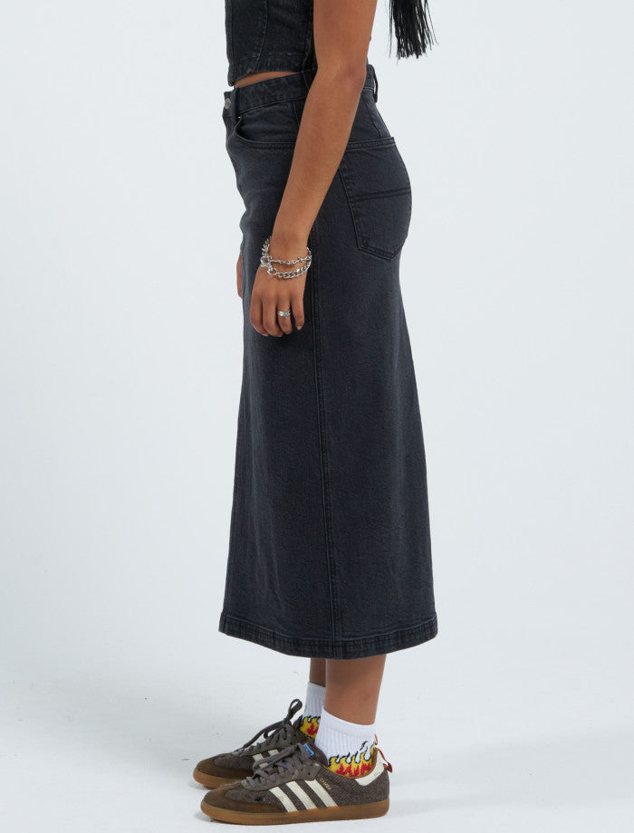 
            
                Load image into Gallery viewer, Mysteries Denim Maxi Skirt- Used Black
            
        